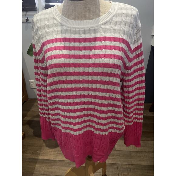 KAREN SCOTT 100% cotton crew White Pink Gray cable knit sweater XL Valentines - Picture 2 of 9